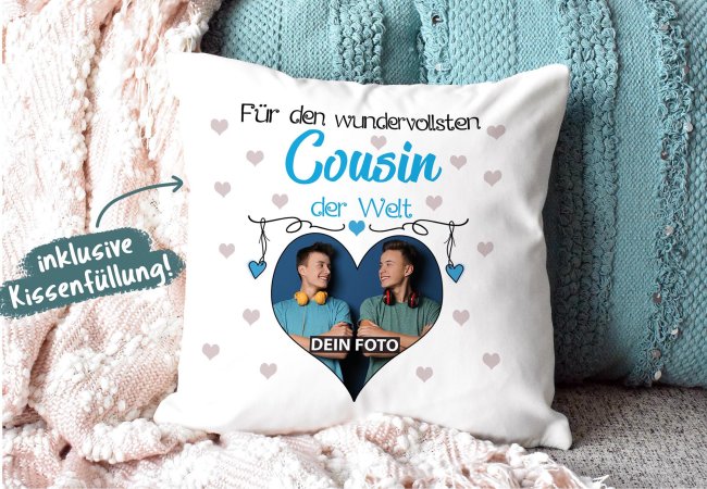 Kissen f&uuml;r den wundervollsten Cousin mit Fotocollage Herz - inkl. F&uuml;llung - Wei&szlig;