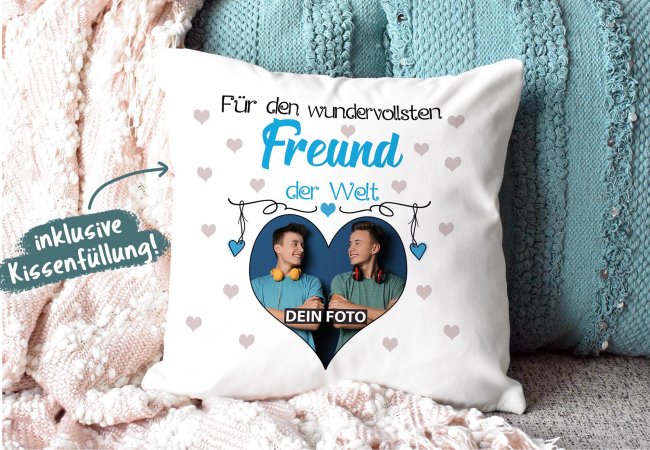 Kissen f&uuml;r den wundervollsten Freund mit Fotocollage Herz - inkl. F&uuml;llung - Wei&szlig;