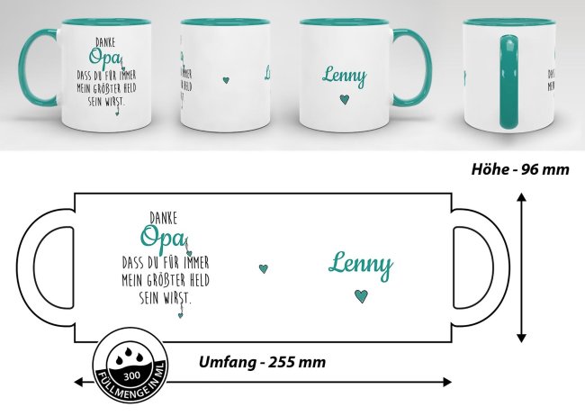 Danke Tasse f&uuml;r Opa - Du bist mein Held - Innen &amp; Henkel T&uuml;rkis - mit Wunschname