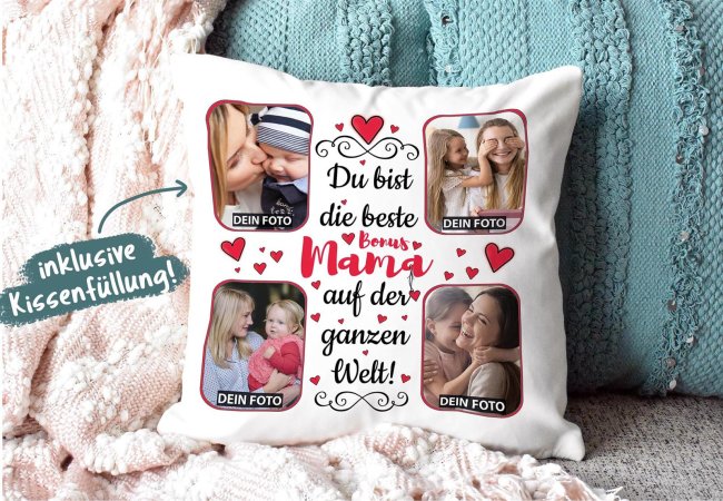 Collagenkissen - Beste Bonusmama - Wei&szlig; seidig glatt
