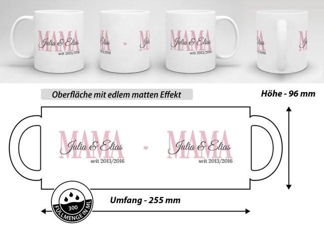 Tasse f&uuml;r Mama mit Kindernamen und Geburtsjahr selbst gestalten - Wei&szlig; Matt