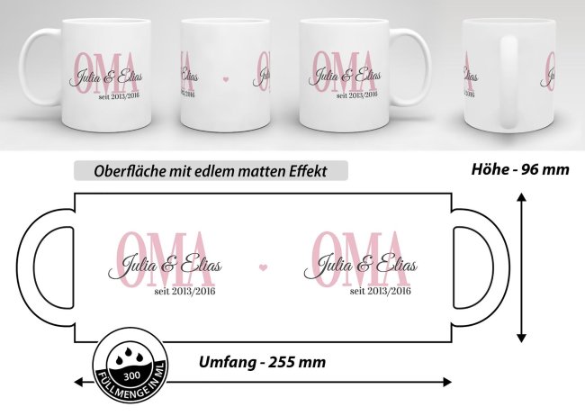 Tasse f&uuml;r Oma mit Kindernamen und Geburtsjahr selbst gestalten - Wei&szlig; Matt