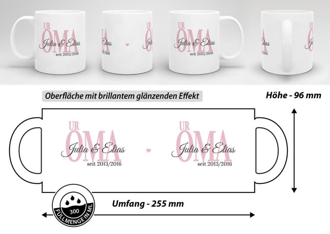 Tasse f&uuml;r die Uroma mit Kindernamen und Geburtsjahr selbst gestalten - Wei&szlig; Glanz