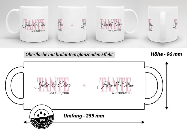 Tasse f&uuml;r die Tante mit Kindernamen und Geburtsjahr selbst gestalten - Wei&szlig; Glanz
