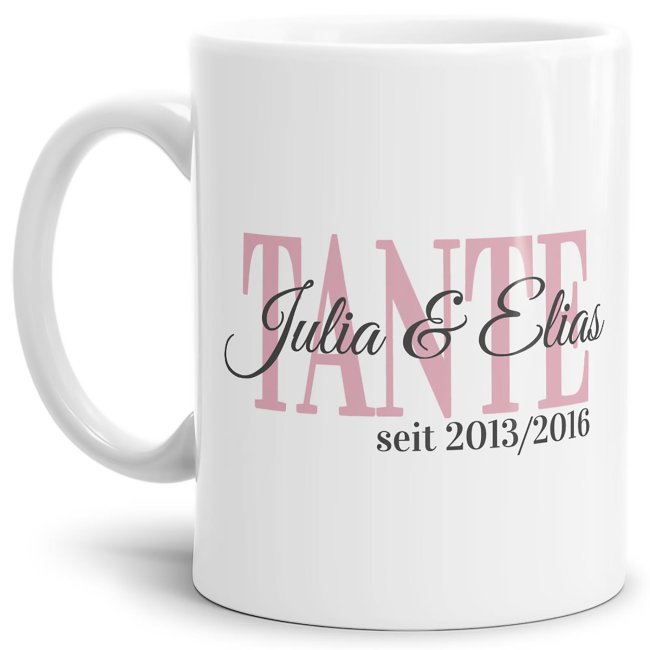 Tasse f&uuml;r die Tante mit Kindernamen und Geburtsjahr selbst gestalten - Wei&szlig; Glanz