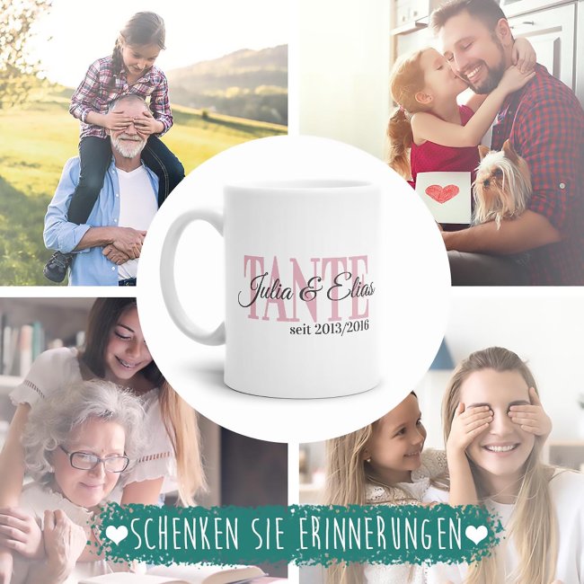 Tasse f&uuml;r die Tante mit Kindernamen und Geburtsjahr selbst gestalten - Wei&szlig; Matt