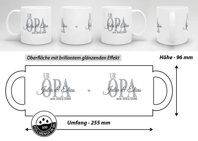 Tasse f&uuml;r Uropa mit Kindernamen und Geburtsjahr selbst gestalten - Wei&szlig; Glanz