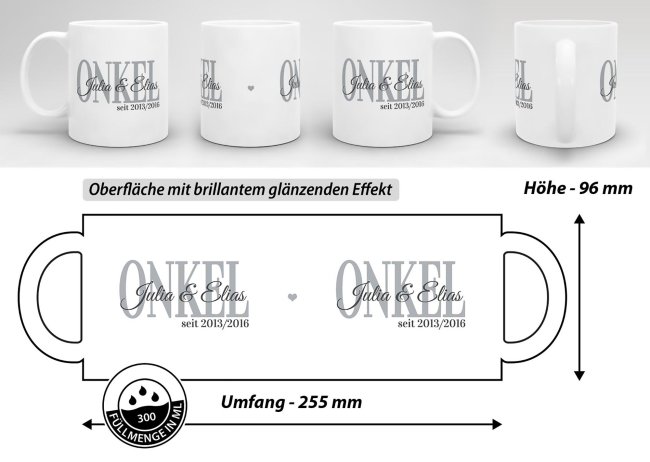 Tasse f&uuml;r den Onkel mit Kindernamen und Geburtsjahr selbst gestalten - Wei&szlig; Glanz