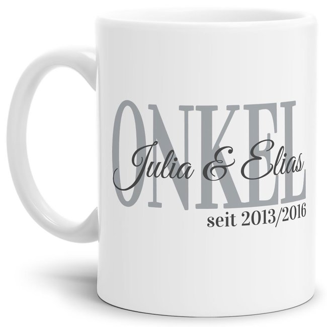 Tasse f&uuml;r den Onkel mit Kindernamen und Geburtsjahr selbst gestalten - Wei&szlig; Matt