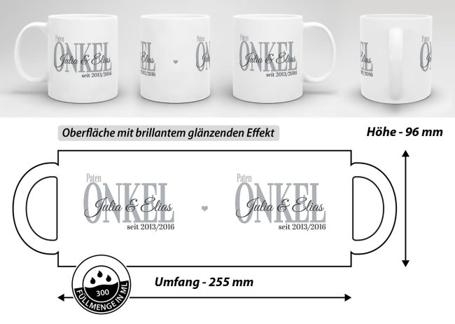 Tasse f&uuml;r den Patenonkel mit Kindernamen und Geburtsjahr selbst gestalten - Wei&szlig; Glanz