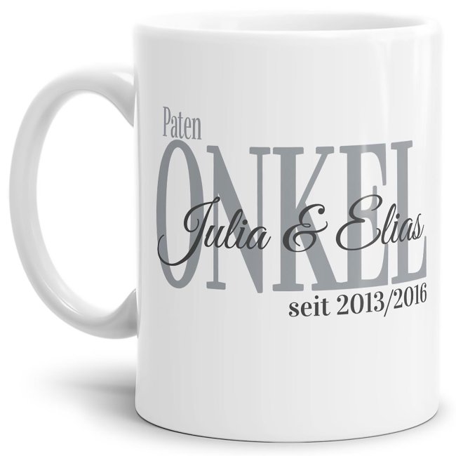 Tasse f&uuml;r den Patenonkel mit Kindernamen und Geburtsjahr selbst gestalten - Wei&szlig; Glanz