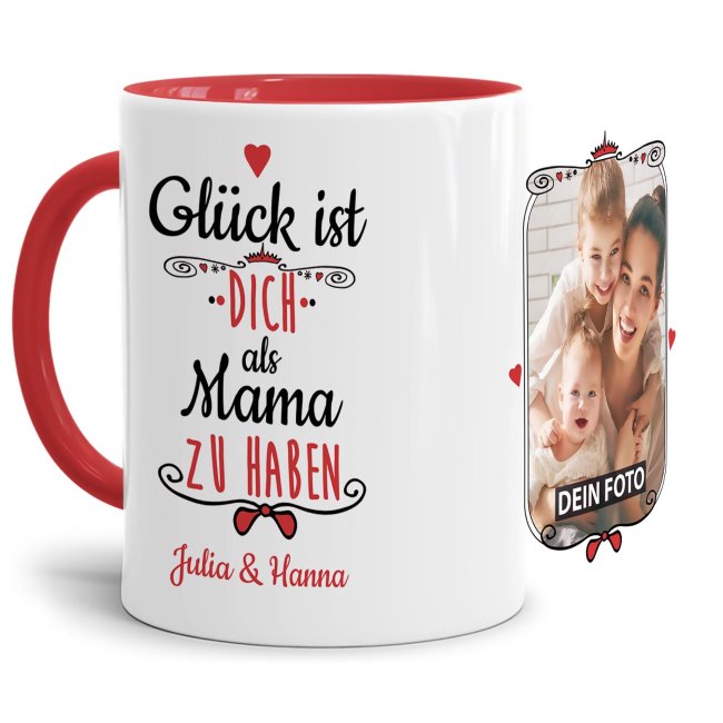 Tasse f&uuml;r Mama von - mit Wunschnamen und Foto - Innen &amp; Henkel Rot