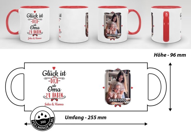 Tasse f&uuml;r Oma von - mit Wunschnamen und Foto - Innen &amp; Henkel Rot