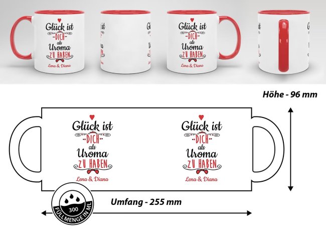 Tasse f&uuml;r Uroma von - mit Wunschnamen - Innen &amp; Henkel Rot