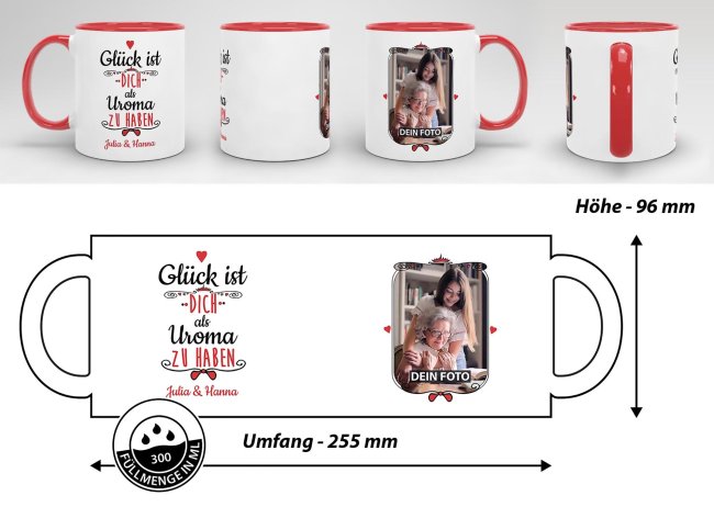 Tasse f&uuml;r Uroma von - mit Wunschnamen und Foto - Innen &amp; Henkel Rot