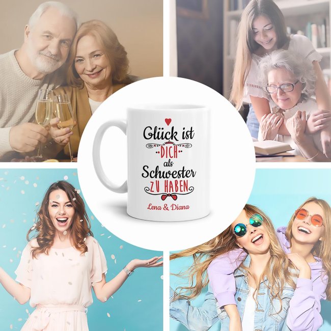 Tasse f&uuml;r Schwester von - mit Wunschnamen und Foto - Wei&szlig;