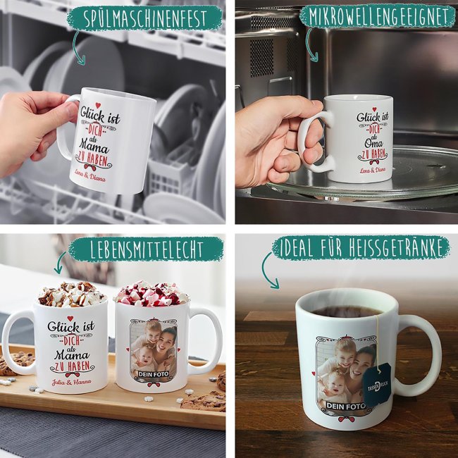Tasse f&uuml;r Schwester von - mit Wunschnamen und Foto - Wei&szlig;