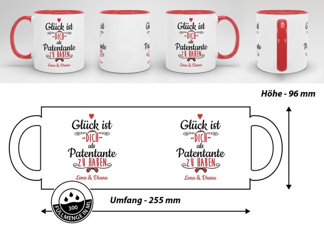 Tasse f&uuml;r Patentante von - mit Wunschnamen - Innen &amp; Henkel Rot