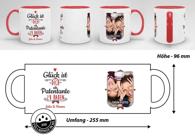 Tasse f&uuml;r Patentante von - mit Wunschnamen und Foto - Innen &amp; Henkel Rot