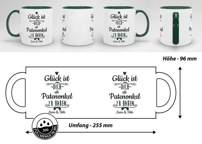 Tasse f&uuml;r Patenonkel von - mit Wunschnamen - Innen &amp; Henkel Dunkelgr&uuml;n