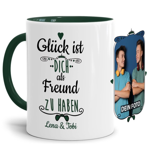 Tasse f&uuml;r Freund von - mit Wunschnamen und Foto - Innen &amp; Henkel Dunkelgr&uuml;n