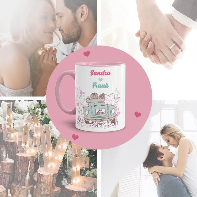 Tasse zur Hochzeit mit WUNSCHNAMEN - Just Married - Innen &amp; Henkel Rosa