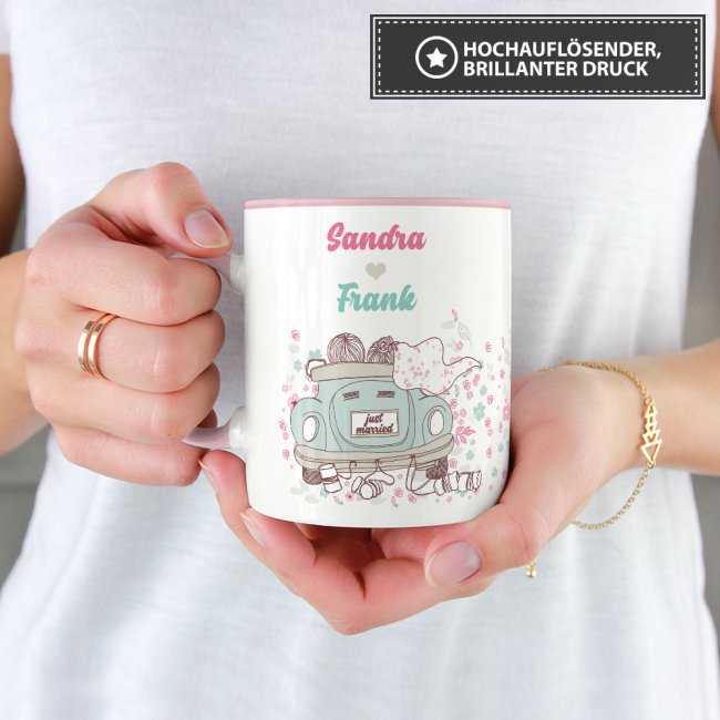 Tasse zur Hochzeit mit WUNSCHNAMEN - Just Married - Innen &amp; Henkel Rosa