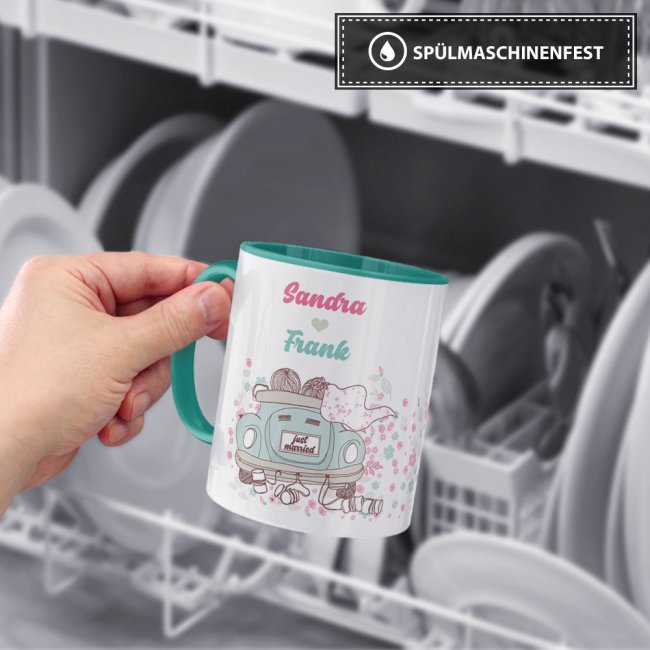 Tasse zur Hochzeit mit WUNSCHNAMEN - Just Married - Innen &amp; Henkel T&uuml;rkis