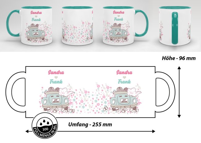 Tasse zur Hochzeit mit WUNSCHNAMEN - Just Married - Innen &amp; Henkel T&uuml;rkis