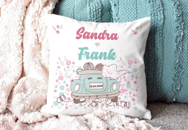 Hochzeits-Kissen mit WUNSCHNAMEN und WUNSCHDATUM - Just Married Farbkissen R&uuml;ckseite Pink