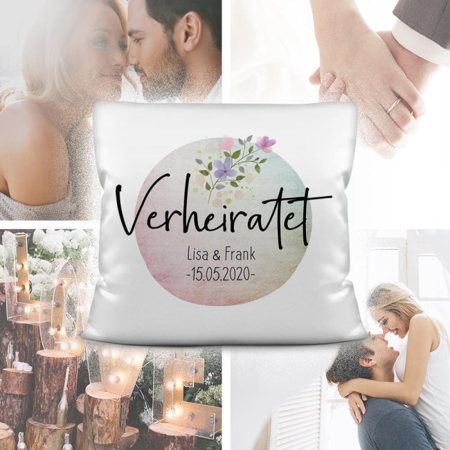 Kissen zur Hochzeit - Verheiratet - mit WUNSCHNAME und WUNSCHDATUM Farbkissen R&uuml;ckseite Pink