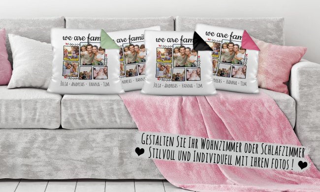 Kissen - We are Family - mit f&uuml;nf Fotos und Wunschnamen selbst gestalten - inkl. F&uuml;llung - Wei&szlig;