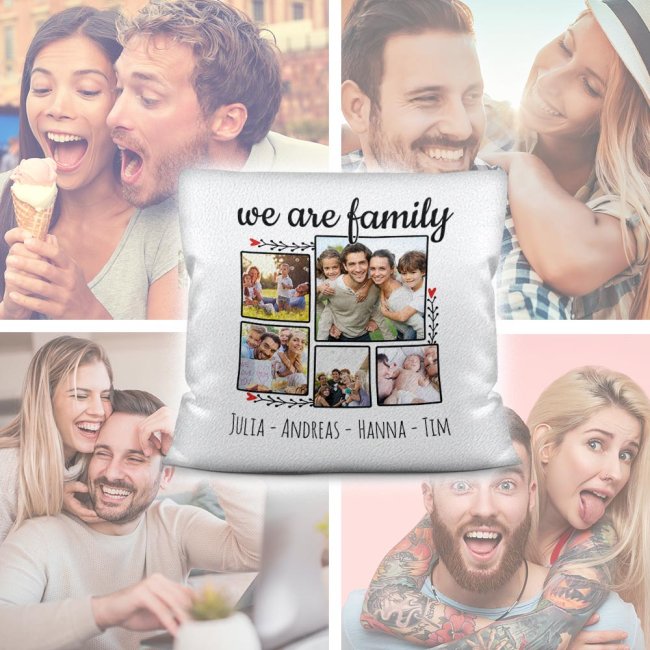 Kissen - We are Family - mit f&uuml;nf Fotos und Wunschnamen selbst gestalten - inkl. F&uuml;llung - Wei&szlig; flauschig