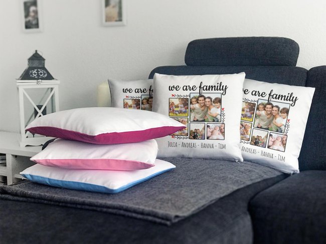 Kissen - We are Family - mit f&uuml;nf Fotos und Wunschnamen selbst gestalten - inkl. F&uuml;llung - Wei&szlig; flauschig