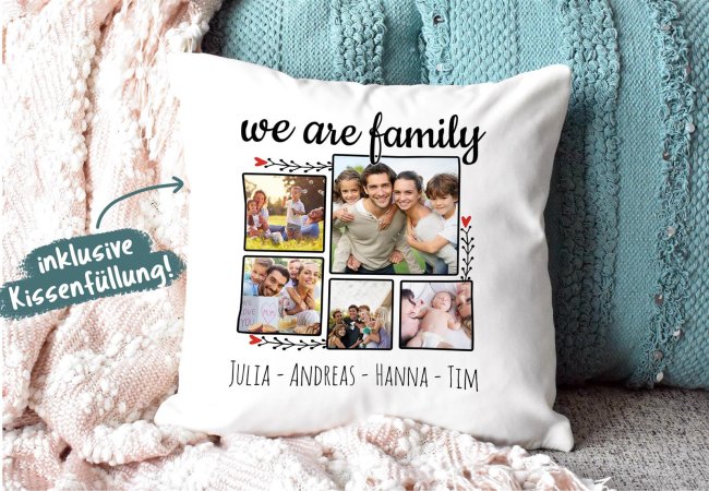 Kissen - We are Family - mit f&uuml;nf Fotos und Wunschnamen selbst gestalten - inkl. F&uuml;llung - R&uuml;ckseite Seegr&uuml;n