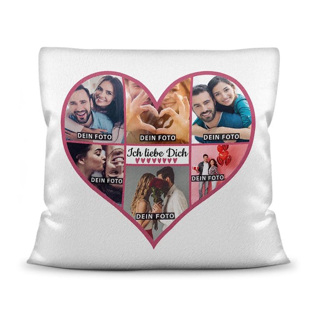 Kissen - Herzcollage mit 6 Fotos - Ich liebe Dich - Design Pink - Wei&szlig; flauschig