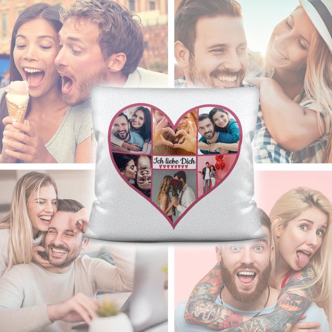 Kissen - Herzcollage mit 6 Fotos - Ich liebe Dich - Design Pink - Wei&szlig; flauschig