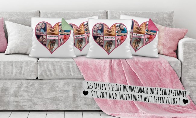 Kissen - Herzcollage mit 6 Fotos - Ich liebe Dich - Design Pink - Wei&szlig; flauschig