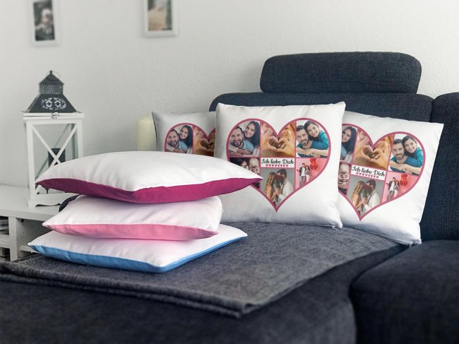 Kissen - Herzcollage mit 6 Fotos - Ich liebe Dich - Design Pink - Wei&szlig; flauschig