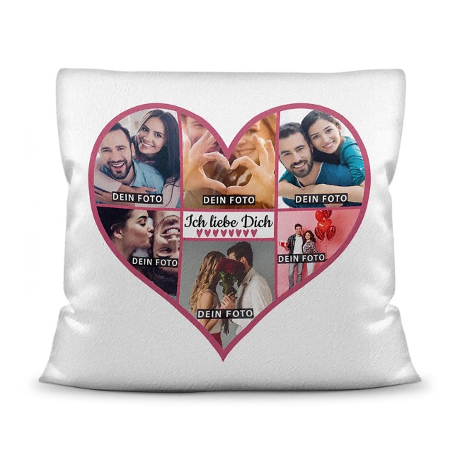 Kissen - Herzcollage mit 6 Fotos - Ich liebe Dich - Design Pink - Wei&szlig; flauschig