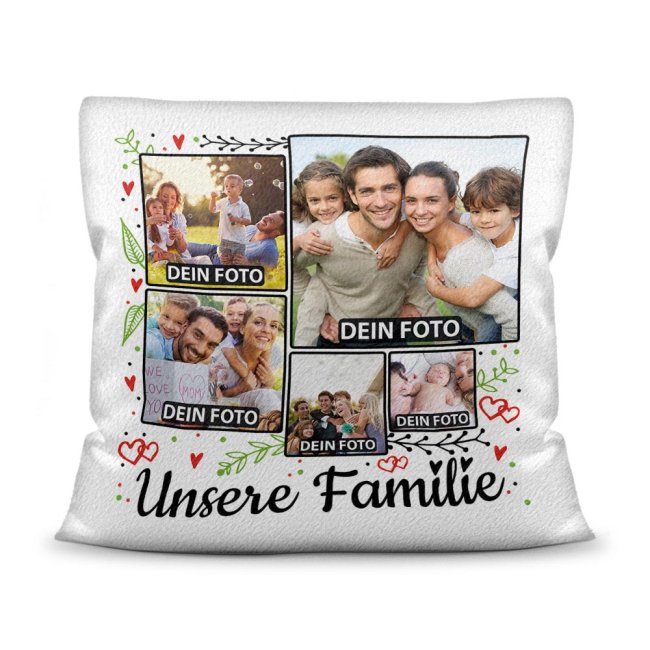Kissen - Fotocollage - Unsere Familie - mit f&uuml;nf Fotos selbst gestalten - Wei&szlig; flauschig