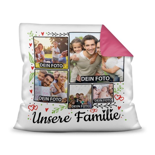 Kissen - Fotocollage - Unsere Familie - mit f&uuml;nf Fotos selbst gestalten - R&uuml;ckseite Pink