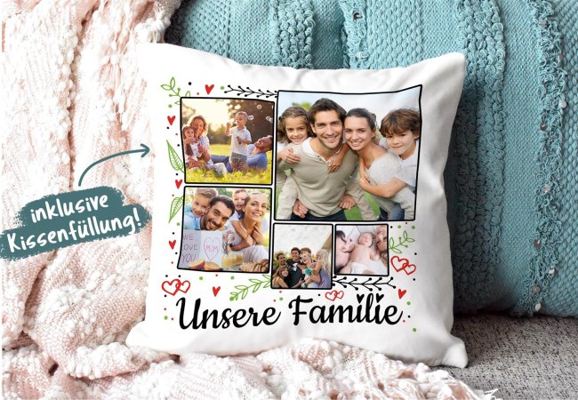 Kissen - Fotocollage - Unsere Familie - mit f&uuml;nf Fotos selbst gestalten - R&uuml;ckseite Pink