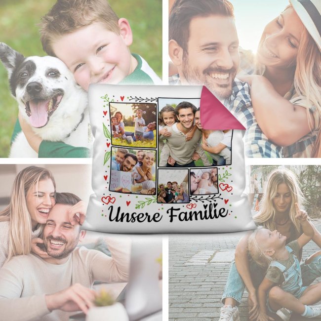 Kissen - Fotocollage - Unsere Familie - mit f&uuml;nf Fotos selbst gestalten - R&uuml;ckseite Pink