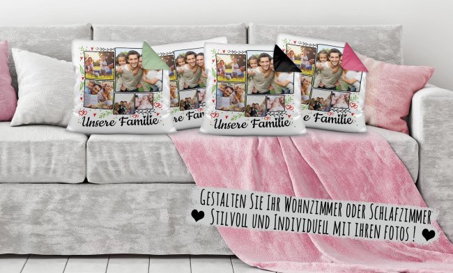 Kissen - Fotocollage - Unsere Familie - mit f&uuml;nf Fotos selbst gestalten - R&uuml;ckseite Pink