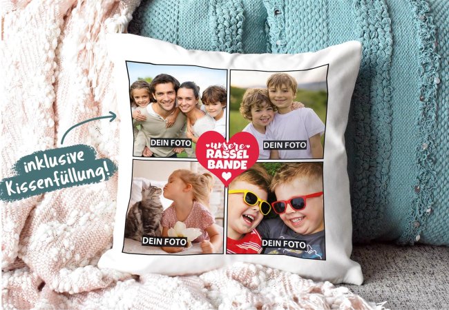 Kissen - Fotocollage - Unsere Rasselbande - mit vier Fotos selbst gestalten - Wei&szlig;
