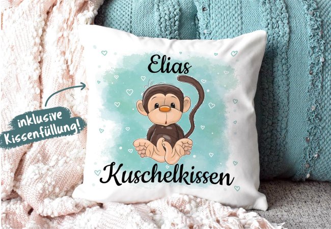 Kissen f&uuml;r Kinder mit s&uuml;&szlig;em Tiermotiv und Name - Affe - Wei&szlig; flauschig