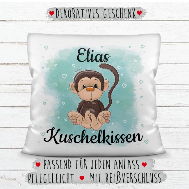 Kissen f&uuml;r Kinder mit s&uuml;&szlig;em Tiermotiv und Name - Affe - Wei&szlig; flauschig