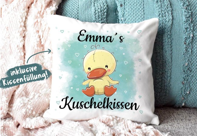 Kissen f&uuml;r Kinder mit s&uuml;&szlig;em Tiermotiv und Name - Ente - Wei&szlig;