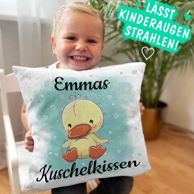 Kissen f&uuml;r Kinder mit s&uuml;&szlig;em Tiermotiv und Name - Ente - Wei&szlig;